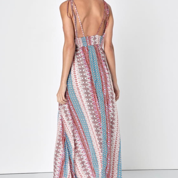 Lulu’s Maxin' Relaxin' Blue Multi Print Sleeveless Tie-Strap Maxi Dress - Picture 3 of 6